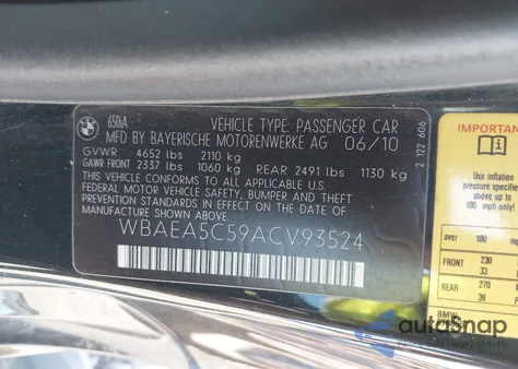 2010 BMW 650I z USA, uszkodzony, nr VIN WBAEA5C59ACV93524